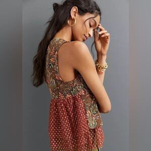 NWOT Eva Franco Jacquard Sleeveless Top with Tulle Brown Motif Size Small